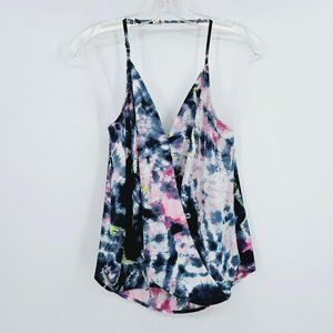 Aqua Halter Top S Pink Blue Yellow Tie Dye Elastic Back Surplice Bubble Hem Boho